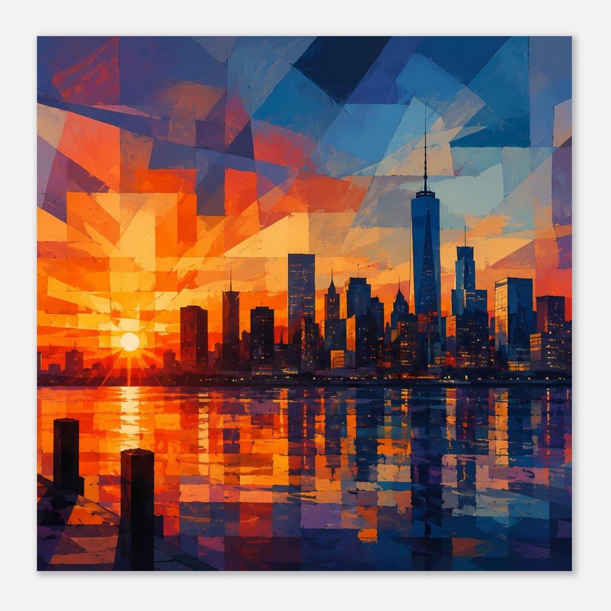 Poster Skyline und Wasserreflexion im geometrischen Stil, orange Sonne links, blau-violetter Himmel