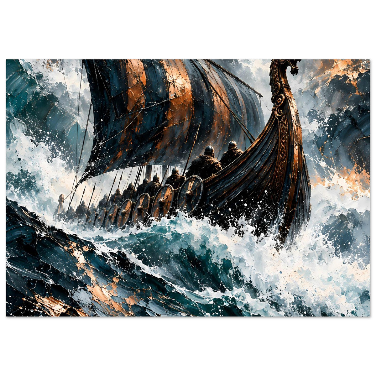 Poster mit Wikinger-Langschiff im Sturm: Segel, Wellen und Figuren auf dem Boot