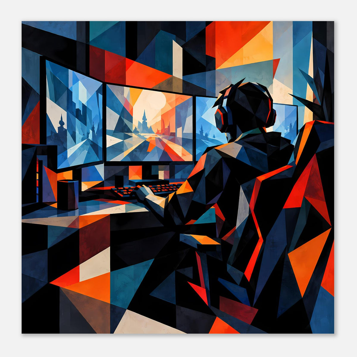 Gaming-Poster im Querformat mit abstrakter Headset-Figur und Monitor, geometrische Blau-Orange-Formen