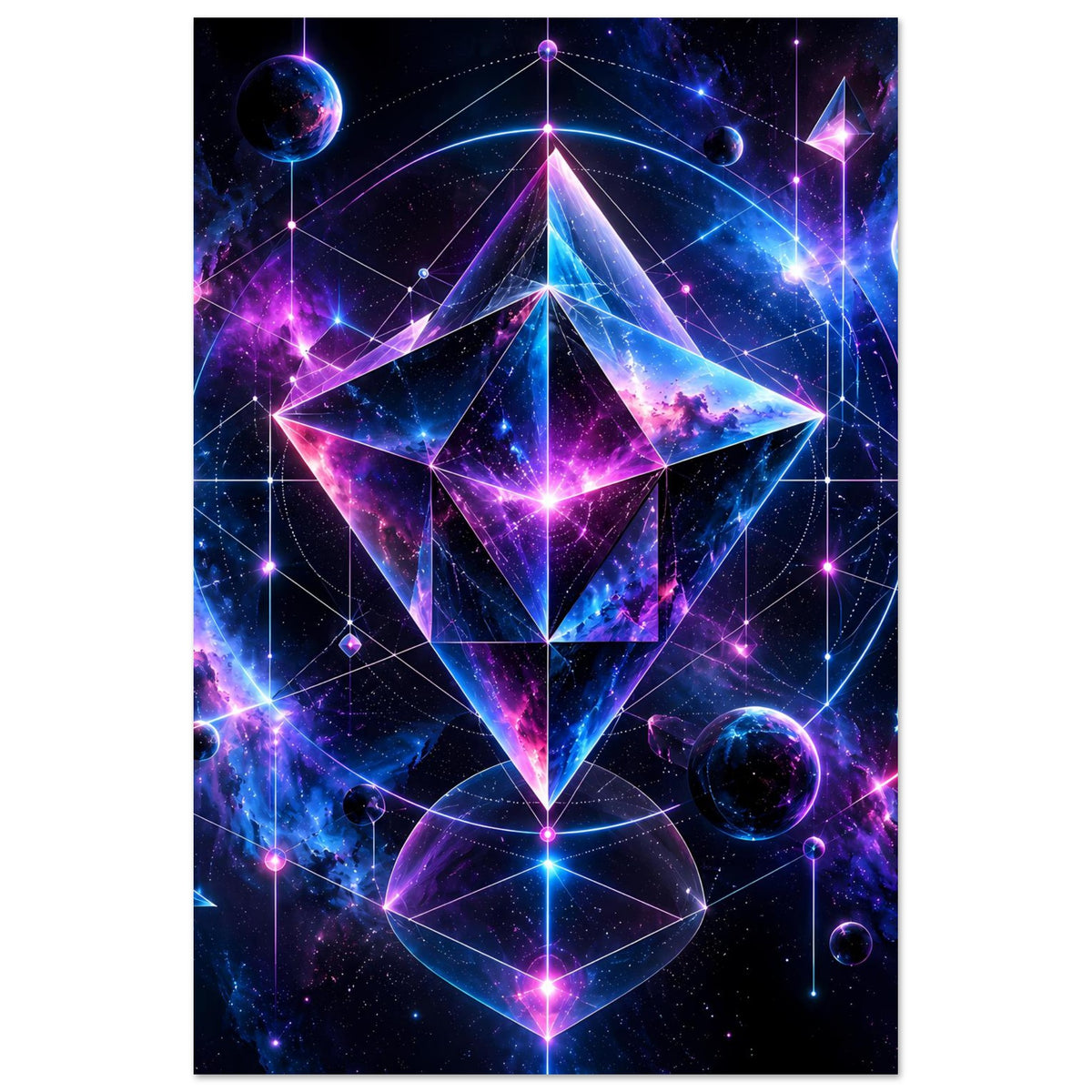 Vertikales Cosmos-Geometrieposter mit Diamantstern, Nebeln und leuchtenden Raumobjekten