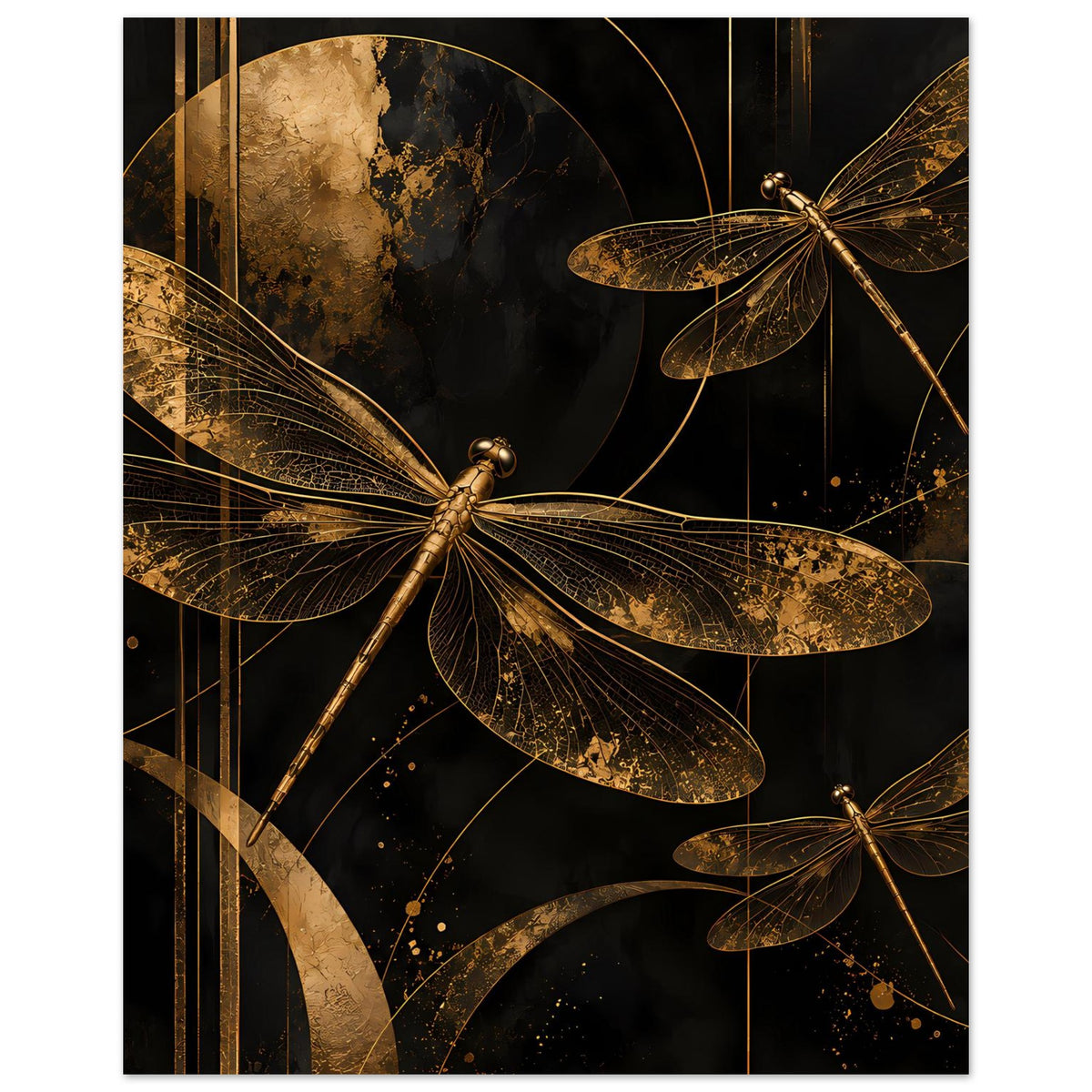 Poster mit goldenen Libellen, zwei große und eine kleine Libelle im Motiv