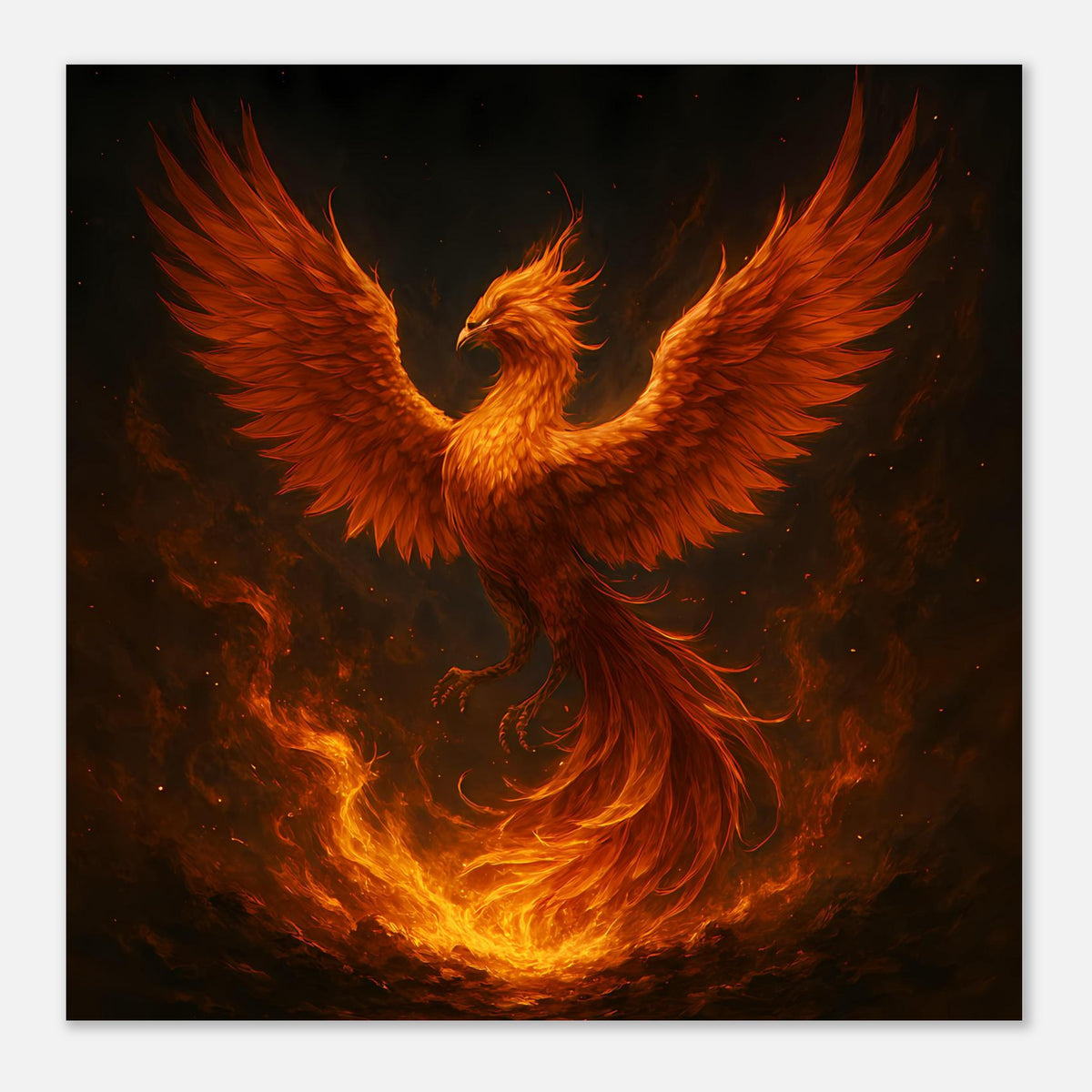 Querformat-Poster mit Feuerphönix-Motiv, leuchtendes Orange und Gelb, zentrierte Figur