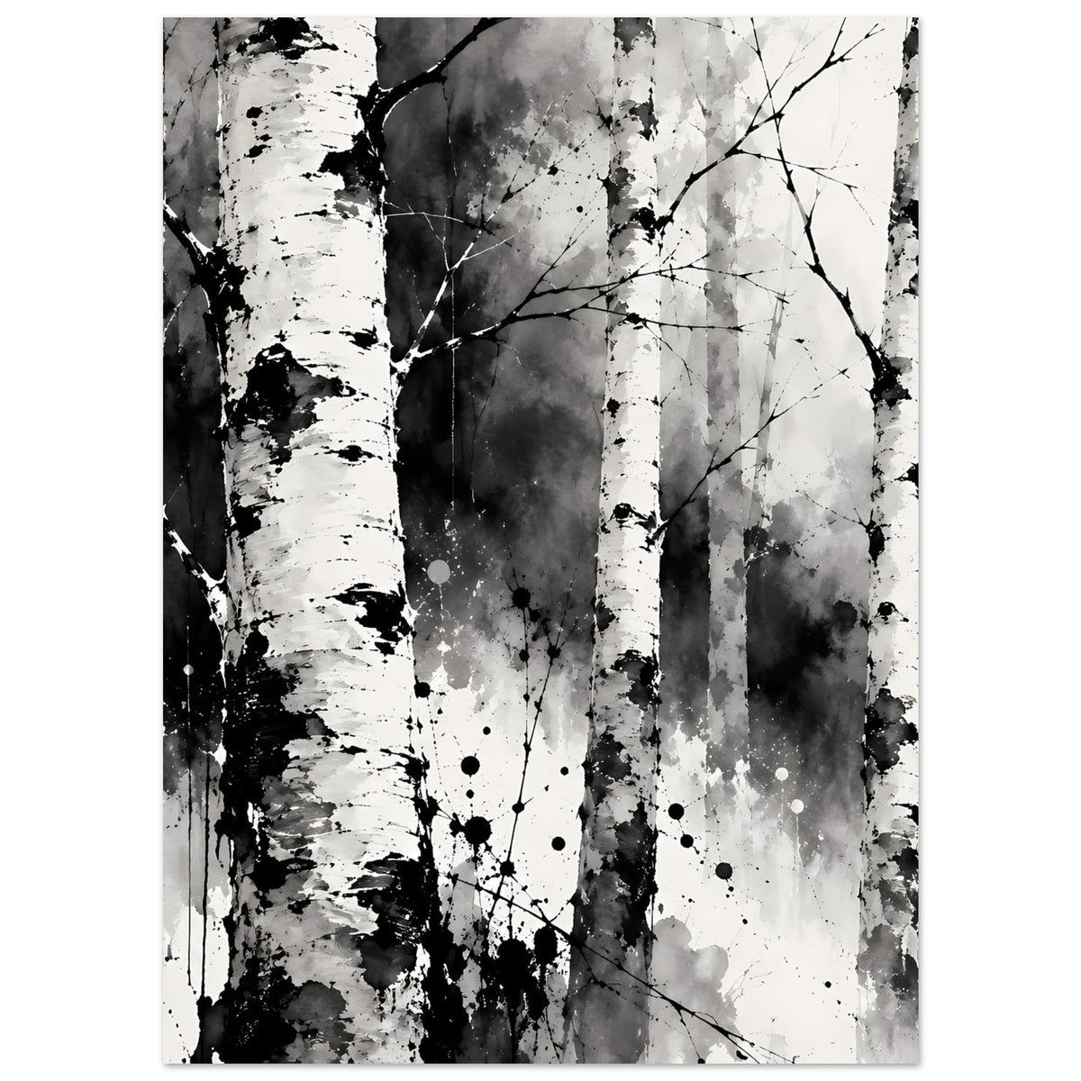 Monochromes Birkenwald-Kunstposter mit kontrastreichen Stämmen und feinen Linien
