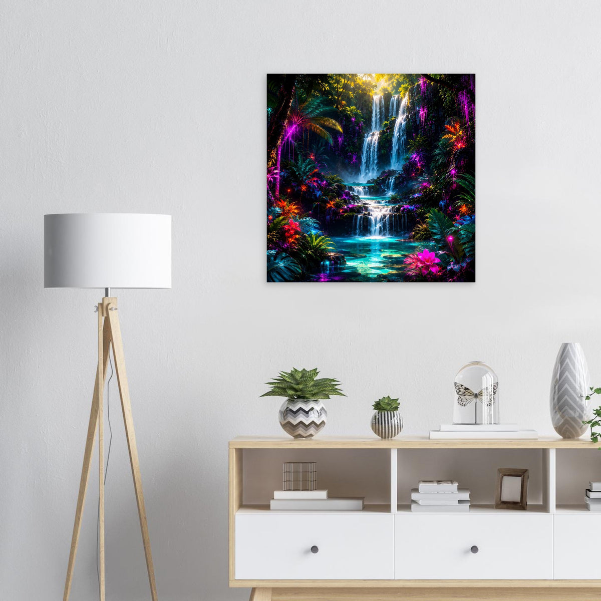Quadratisches Poster mit tropischem Wasserfall, leuchtend farbig, im schwarzen Rahmen