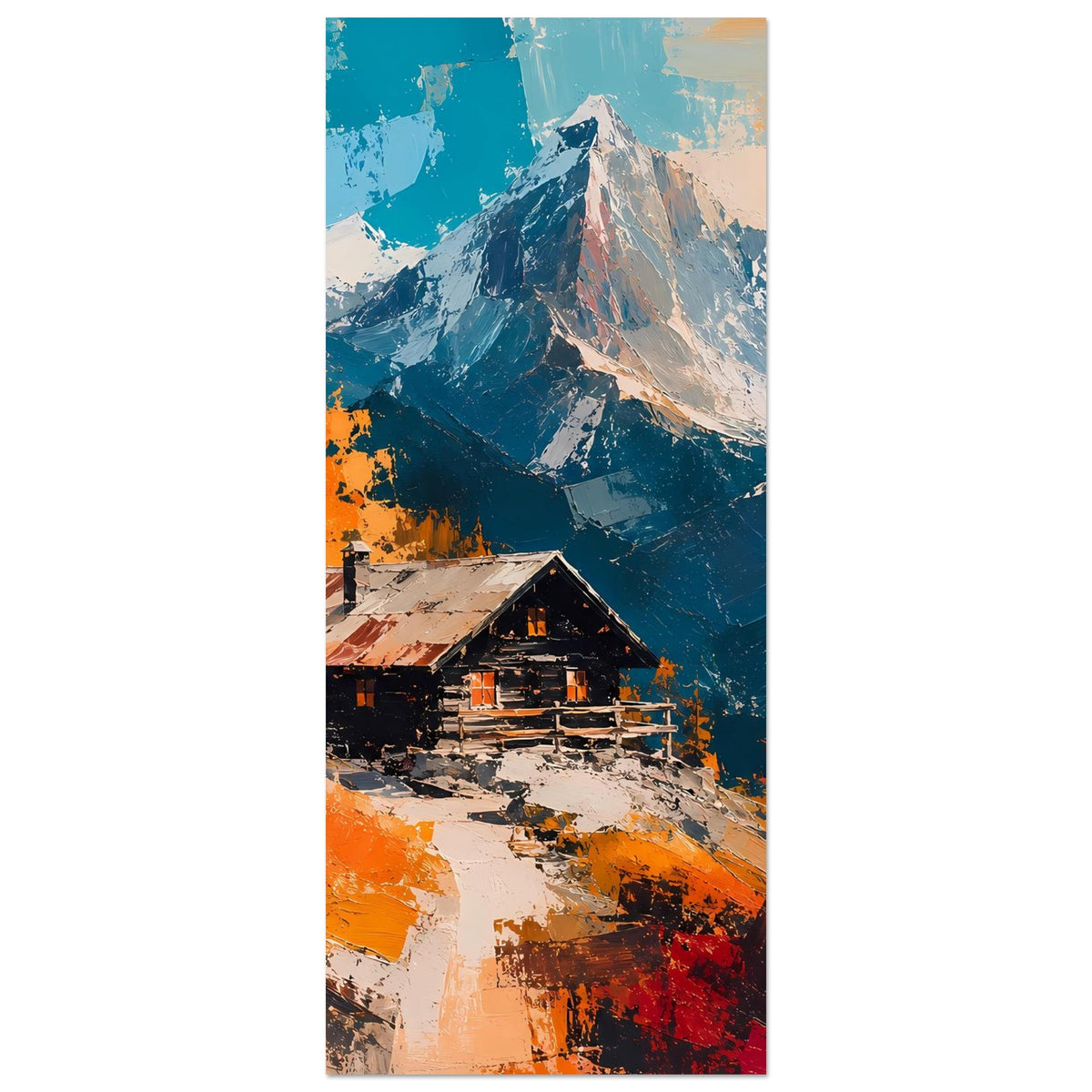 Herbstliches Berghütten-Poster (hochkant): Hütte im Gebirge, Berge und Fichten in Orange-Rot