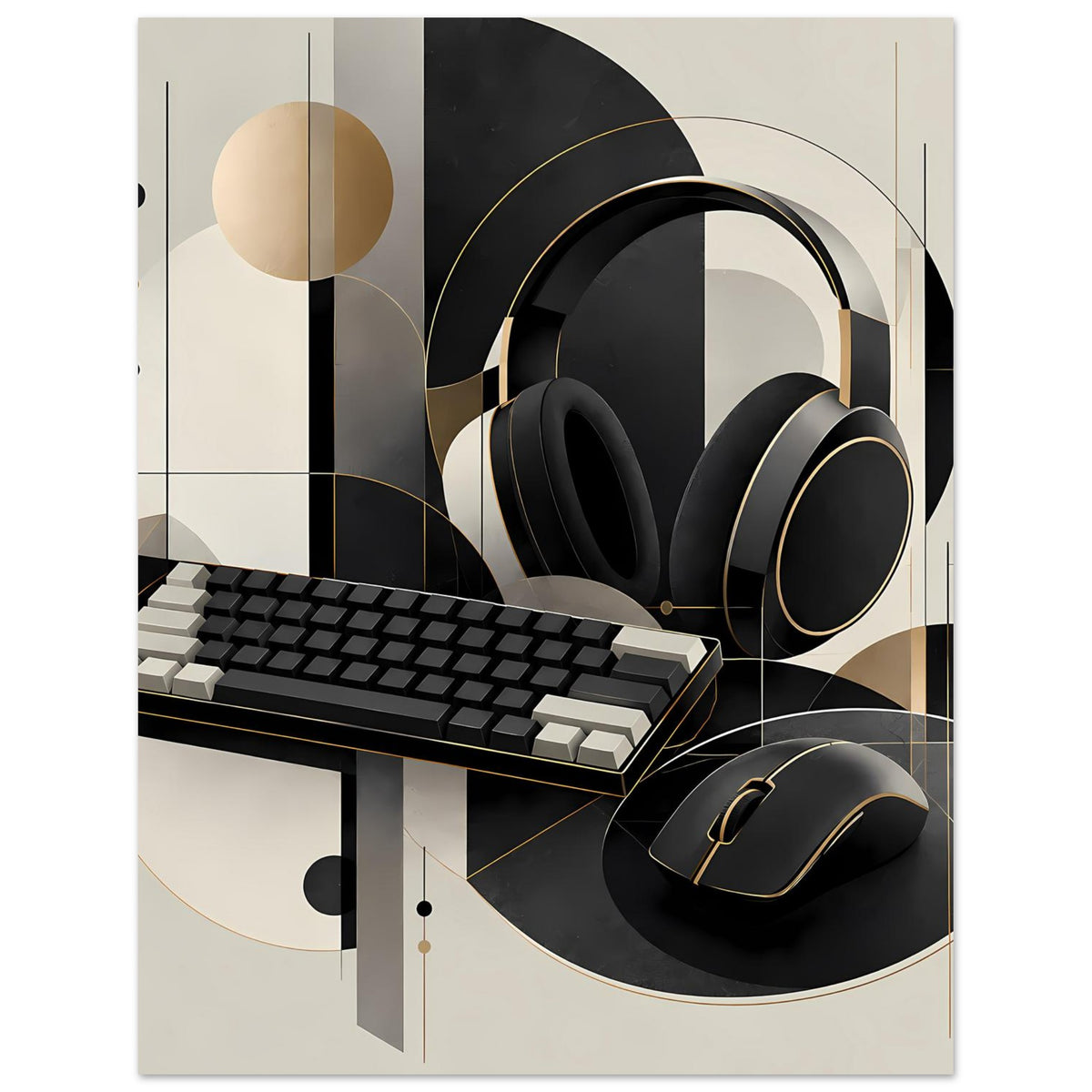 Gaming-Poster mit Headset, Tastatur und Maus, goldene Linien, Kreise und Streifen