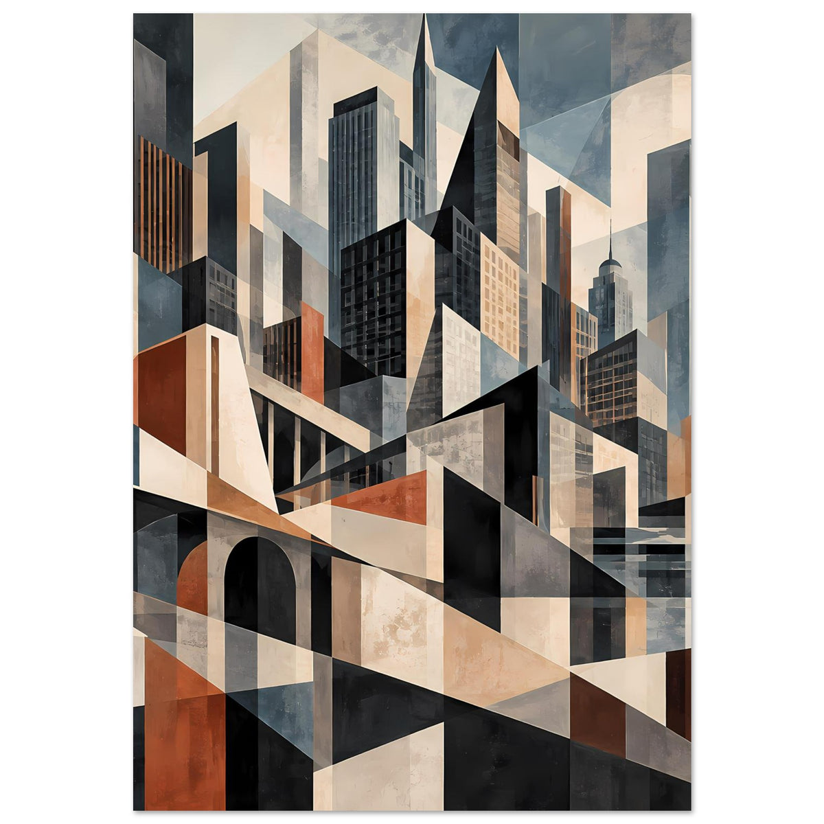 Architekturposter mit geometrischen Gebäudeflächen und breitem Brückenbogen