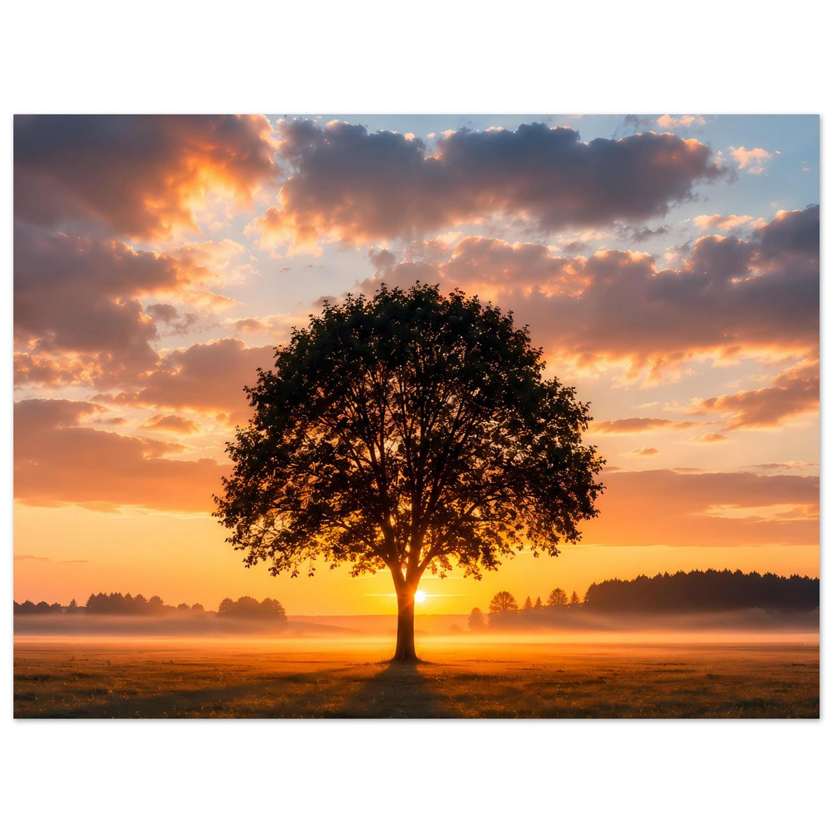 Baum-Poster im Querformat: einzelner Baum vor orangefarbenem Morgenhimmel