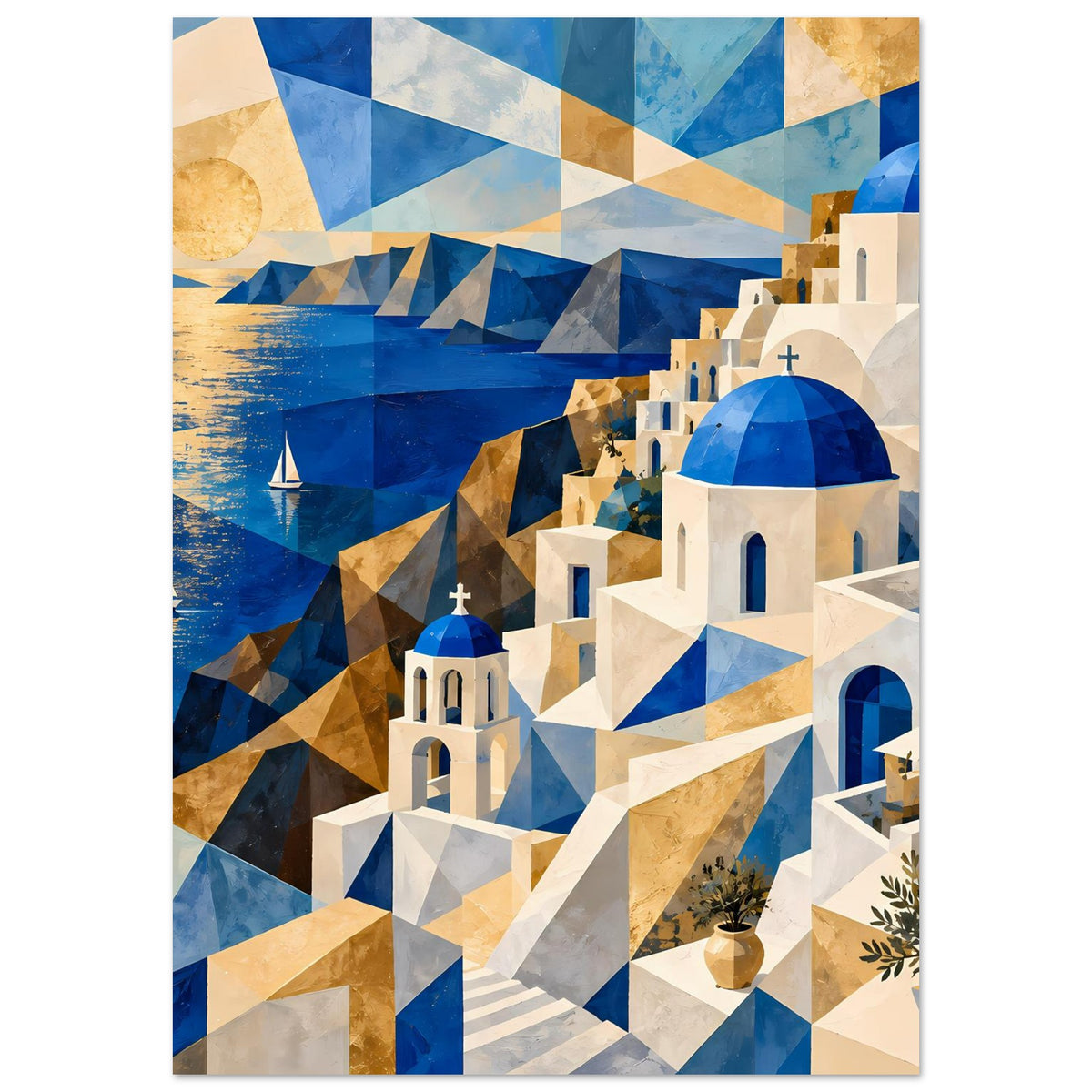 Geometrisches Poster mit blauer Küste, Lichtreflexen im Wasser und weißen Gebäuden mit blauen Kuppeln