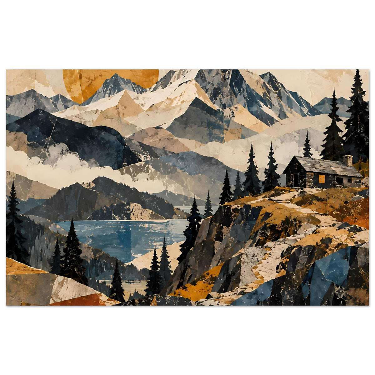 Naturposter mit Bergpanorama, See, Tannenwald und Berghütte im warmen Sonnenuntergang-Look