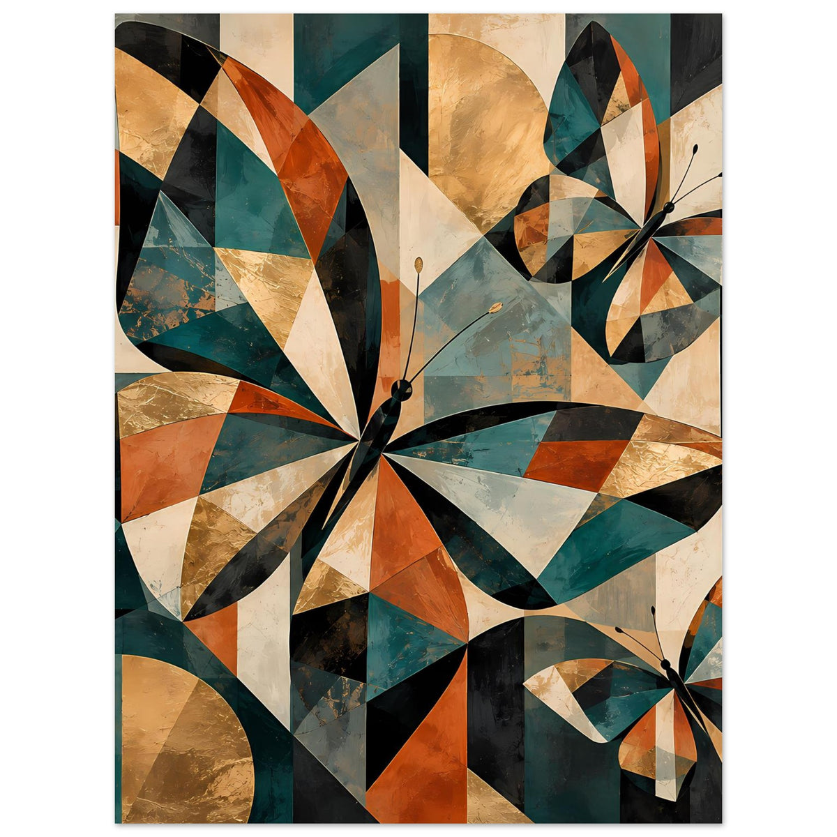 Gerahmtes Kunstposter mit geometrischen Schmetterlingen in warmen Erdtönen, orange, teal und beige