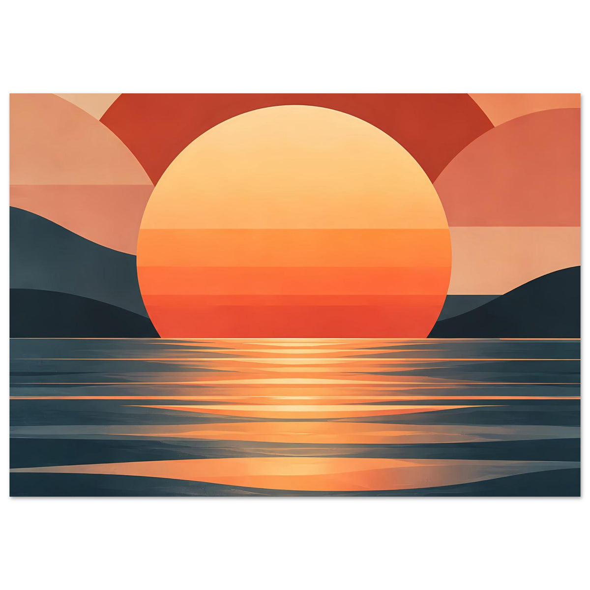 Horizontales Wandposter mit minimalistischer Sonne, warmen Orange-Rot-Tönen und Meer