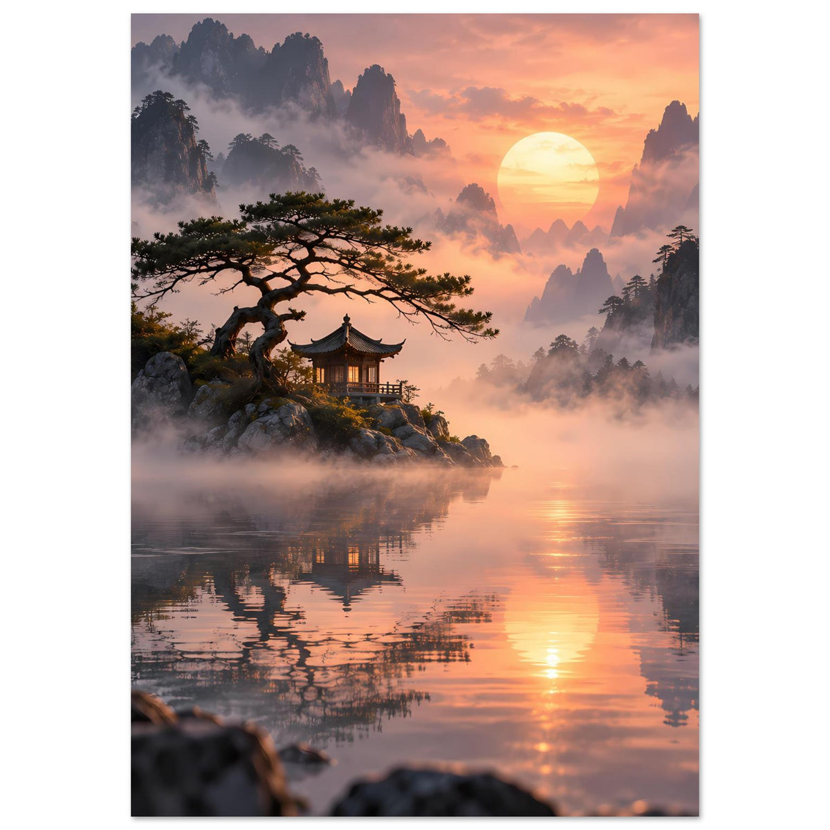Vertikales Poster mit asiatischer Landschaft, großer Sonne, Tempelpavillon und Nebel über dem Wasser