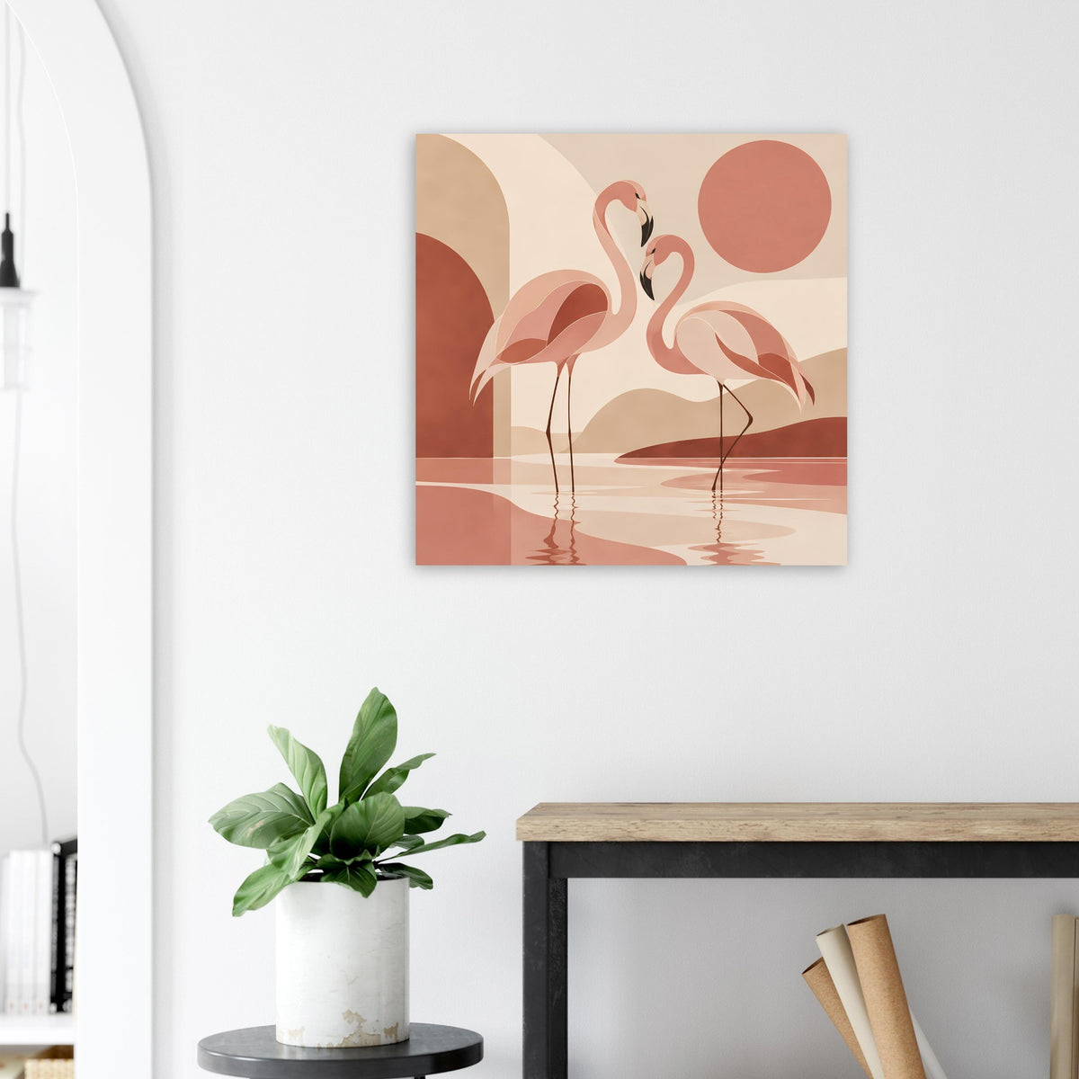 Quadratisches Naturposter mit Flamingos in Boho-Design und runden Sonnenuntergangsflächen