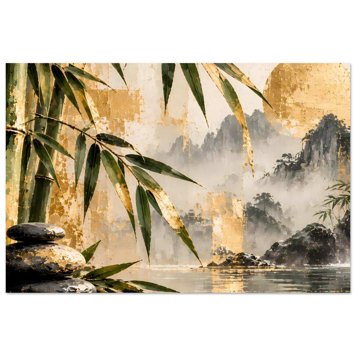 Zen-Bambus-und-Wasserfallposter mit grünem Bambus, felsigem Ufer und goldfarbenem Wasserreflex