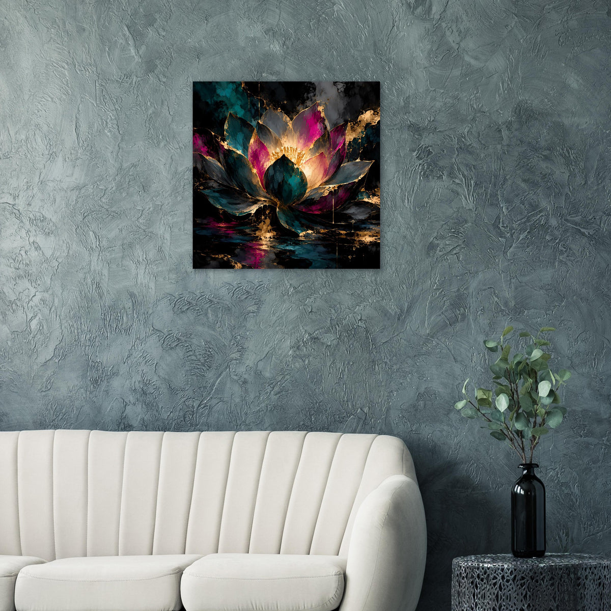 Kunstposter mit Lotusblüte in Türkis, Pink und Gold, abstrakte Spiegelung im Wasser