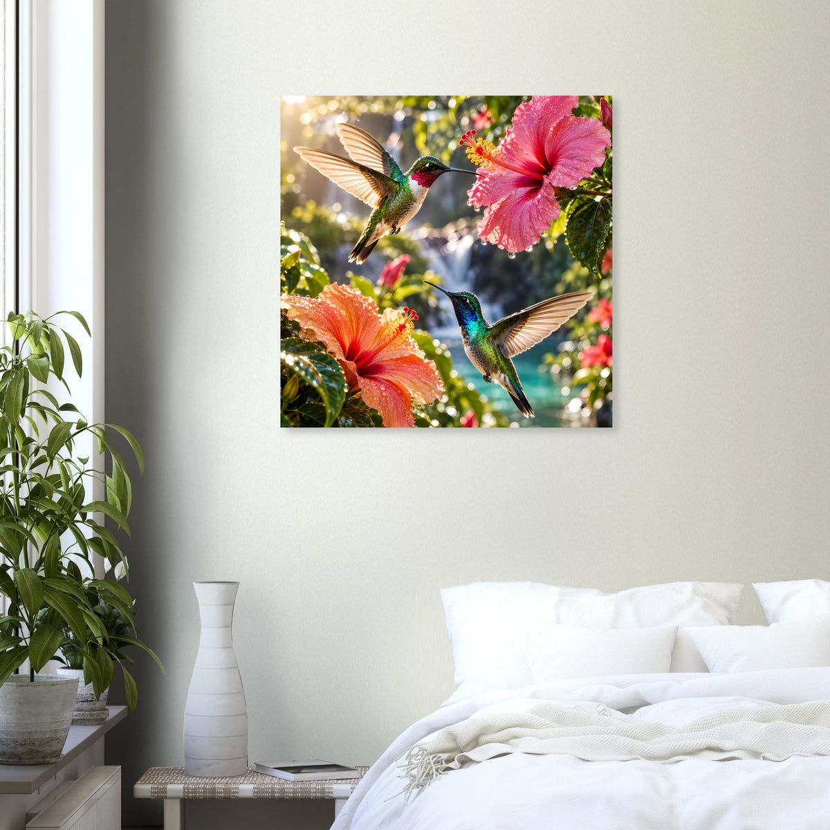 Quadratisches Poster mit Kolibris im Flug und Hibiskusblüten in buntem Farbverlauf