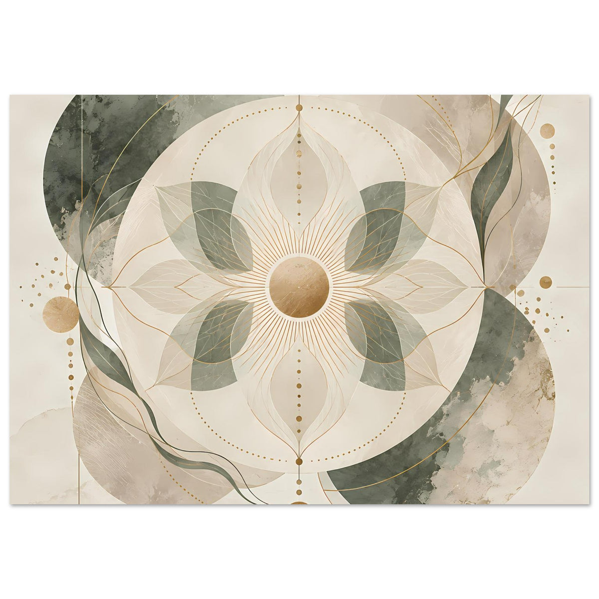 Zen-Poster im Querformat mit Mandala: beige, grüne Blätter und goldene Kreislinien