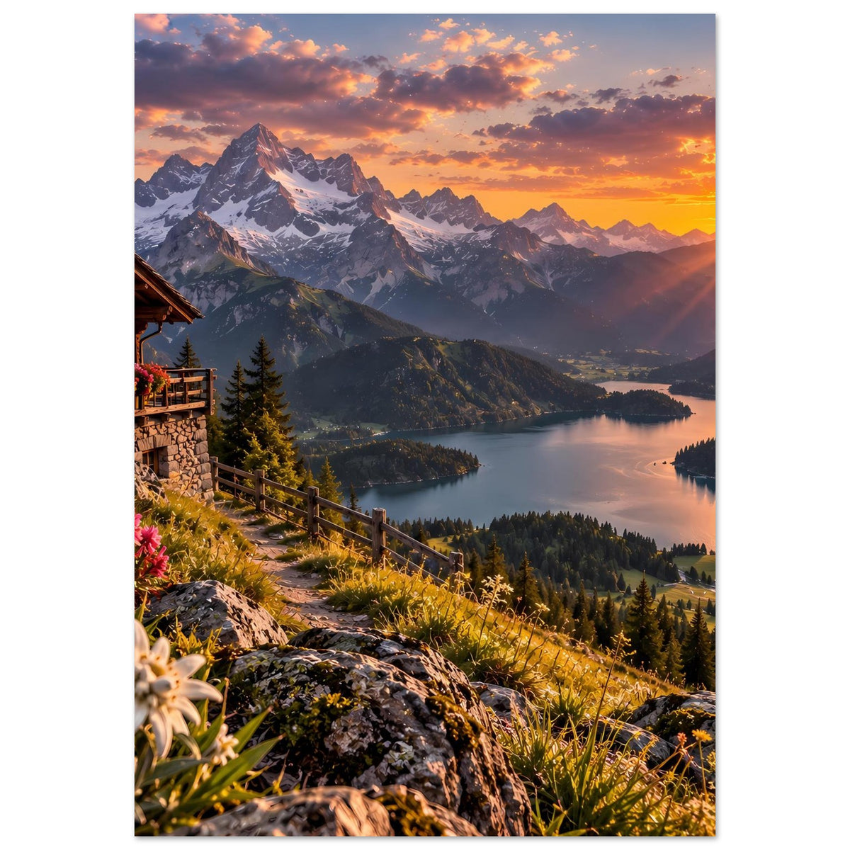 Poster im Hochformat: Sonnenuntergang über Bergen, See, Tannenspitzen und Blumen am Hang