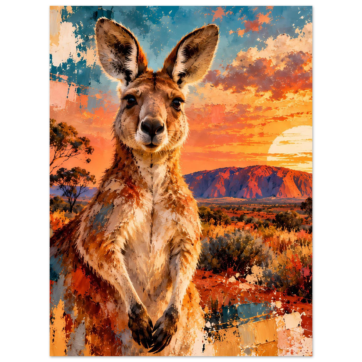 Vertikales Poster mit Känguru-Porträt und beleuchtetem Himmel beim Sonnenuntergang