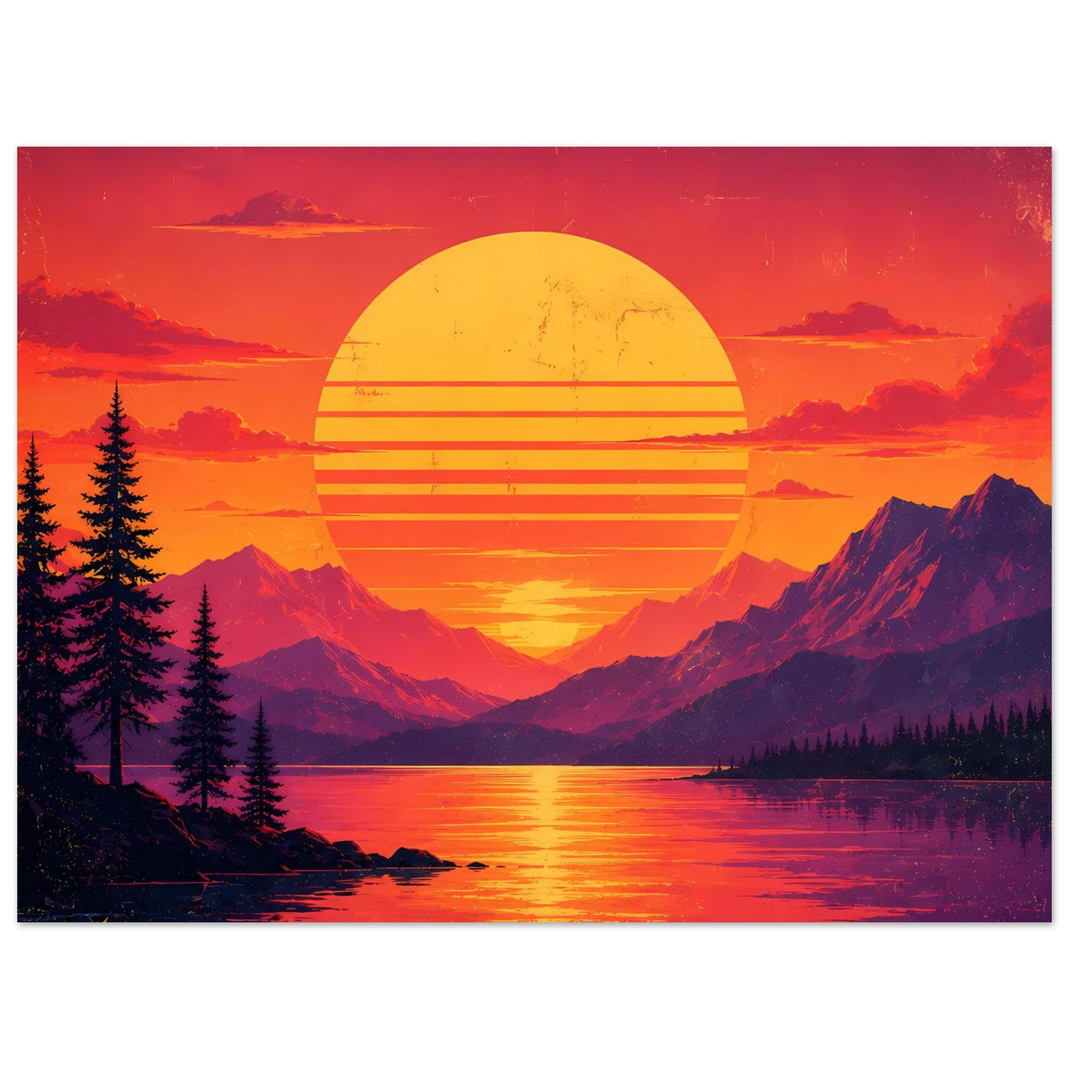 Poster im Hochformat mit Sonnenuntergang: gelber Kreis, Berge, See mit Lichtreflex und Tannen