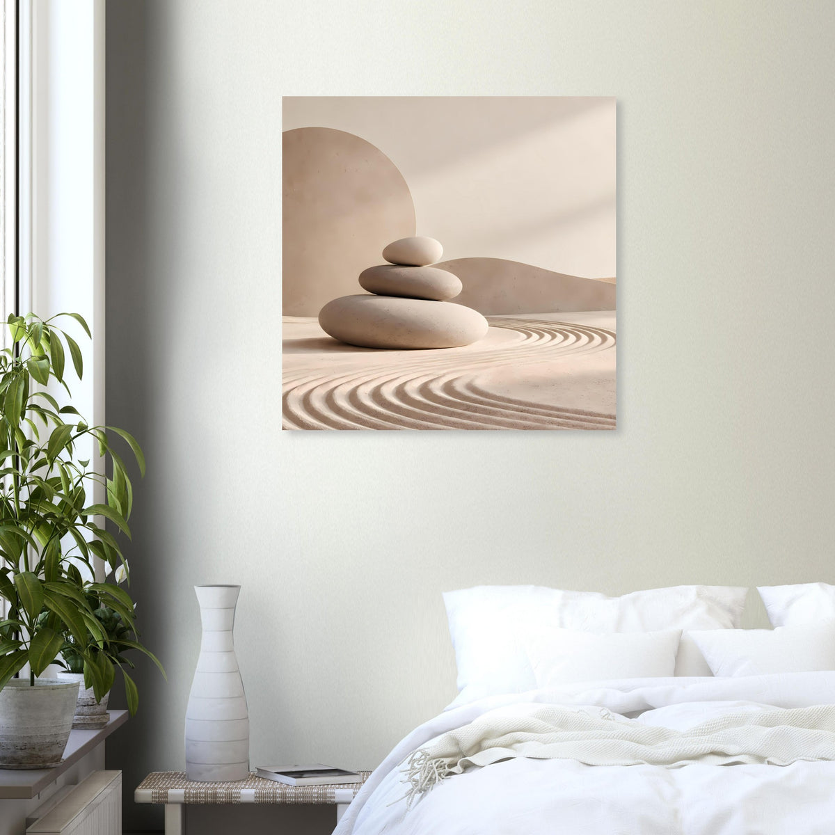 Quadratisches Wandposter: Steinstapel vor Sandwellen und bogenförmigen Flächen