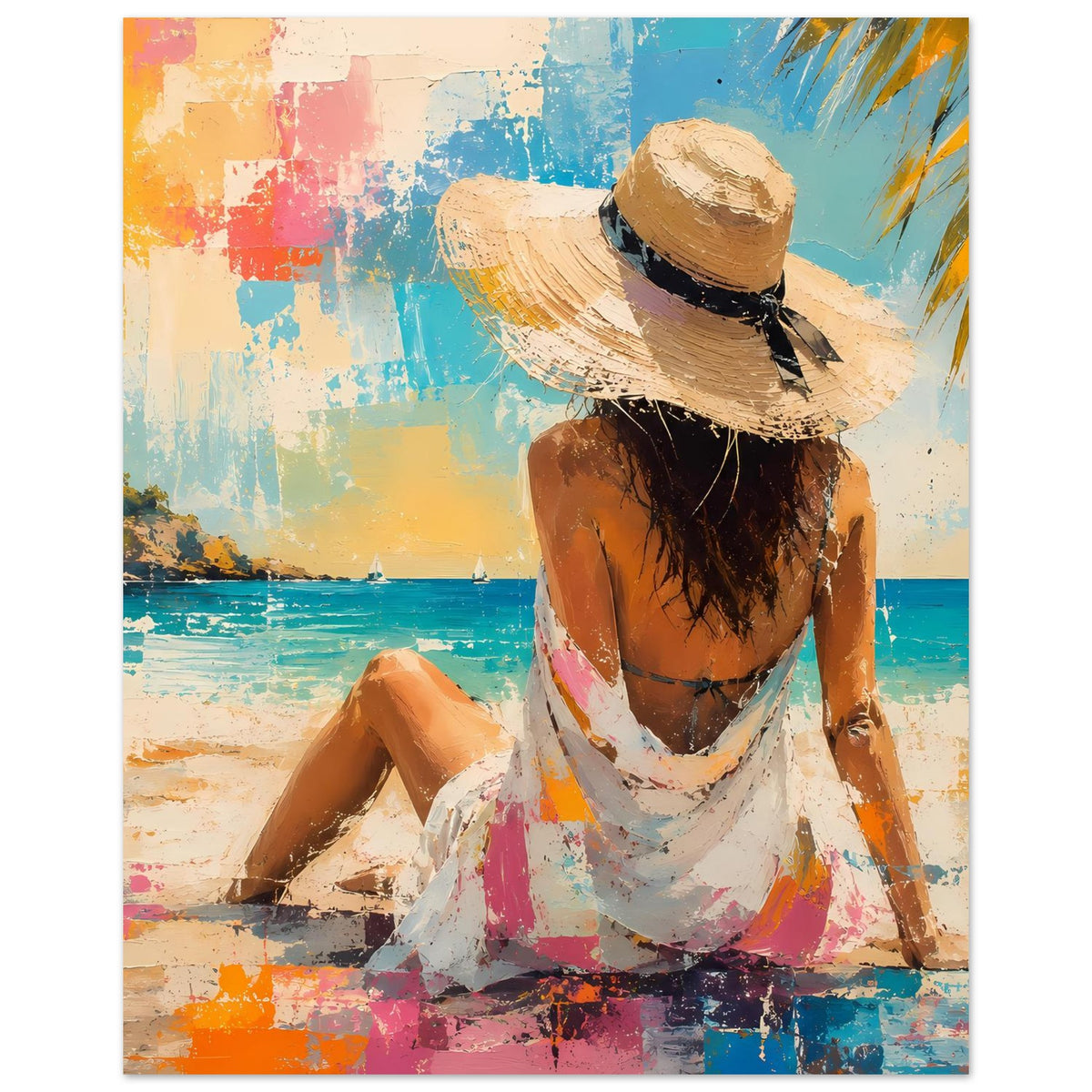 Sommerposter im Querformat: sitzende Frau mit Strohhut und weißem Kleid am Strand.