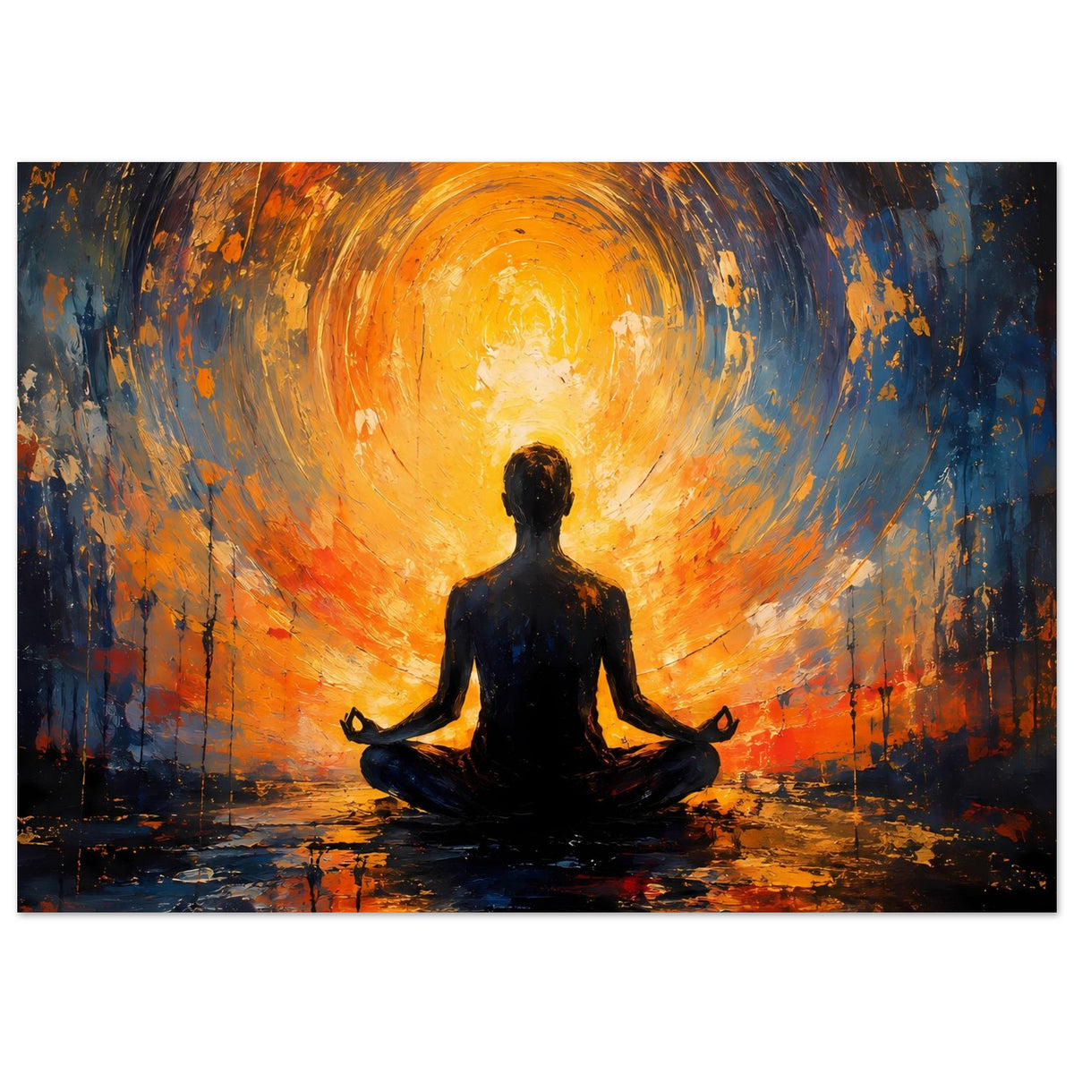 Abstraktes Poster mit orange-blauem Sonnenaufgang und sitzender Meditationsfigur