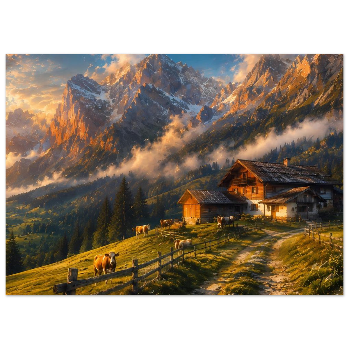 Poster mit Almhütte, Kühen im Weidezaun und weitem Alpenblick bei Abendlicht
