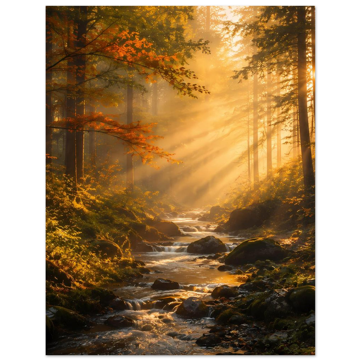 Wandposter im Hochformat: Sonnenaufgang im herbstlichen Wald, Lichtkegel und Bach über Steine