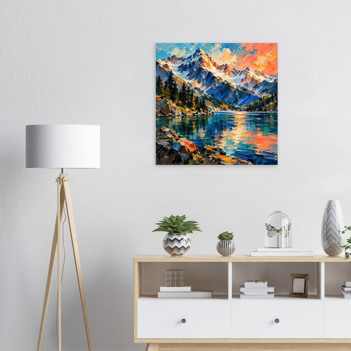Quadratisches mattes Poster: Bergsee-Landschaft in Blau-, Grün- und Orangetönen