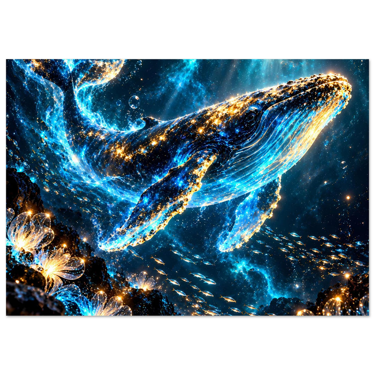 Poster im Querformat mit Wal und glitzerndem Meeresboden, blau-goldene Strahlen