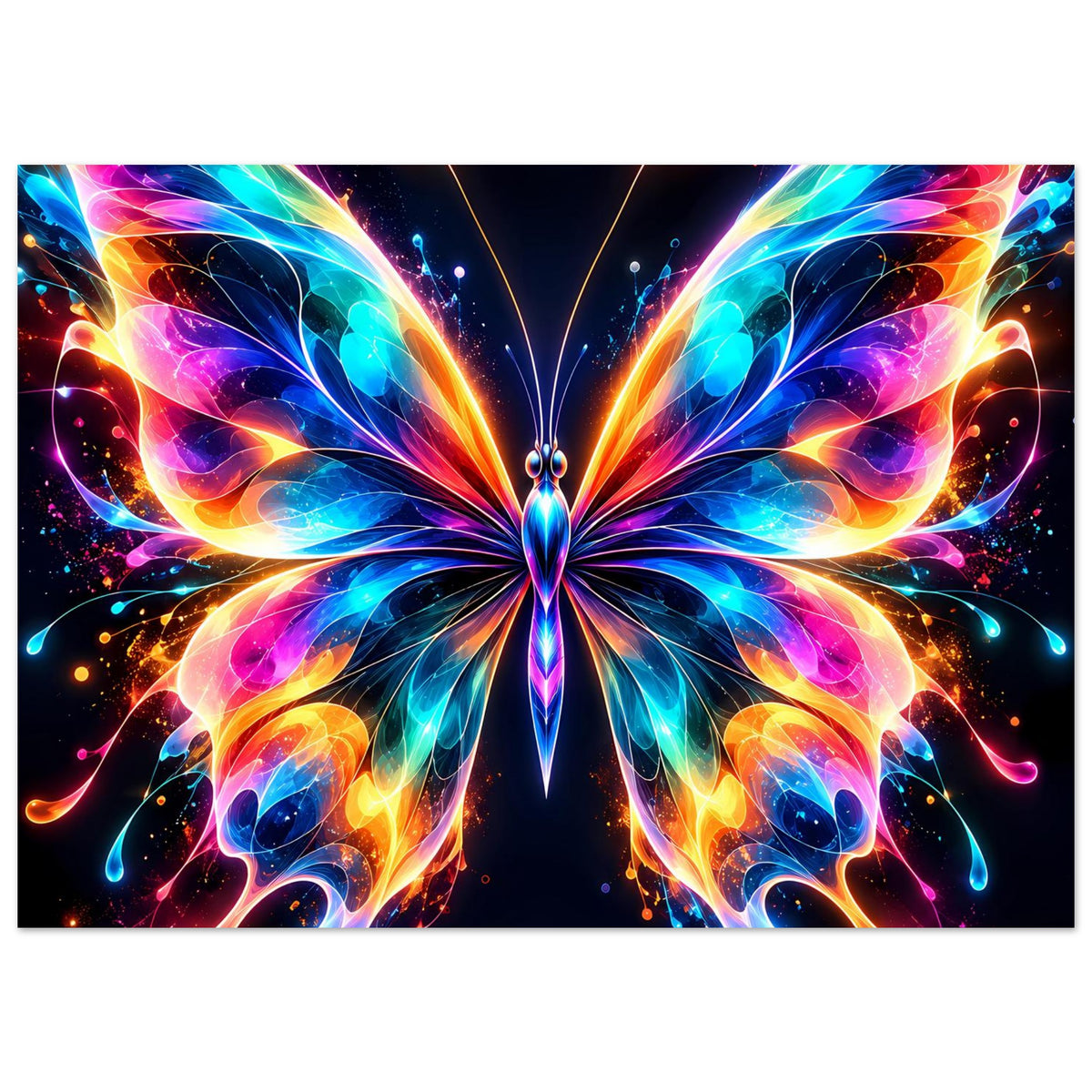Neon-Schmetterling-Poster im Querformat, intensives Farbspiel an den Flügelspitzen