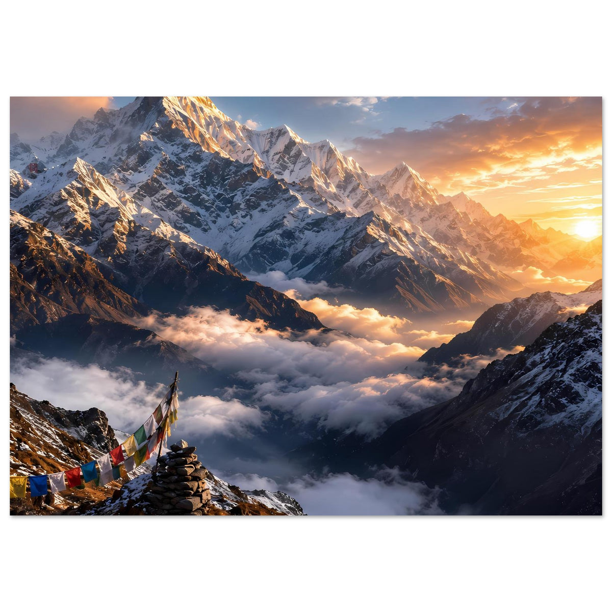 Poster: Sonnenaufgang über Himalaya-Bergen, orangefarbener Himmel, Wolkenmeer, horizontal