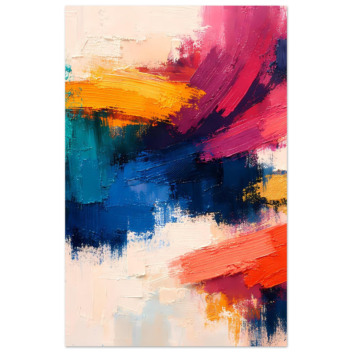 Hochformatiges abstraktes Poster mit türkis-, blau-, pink- und orangefarbenen Pinselstrichen