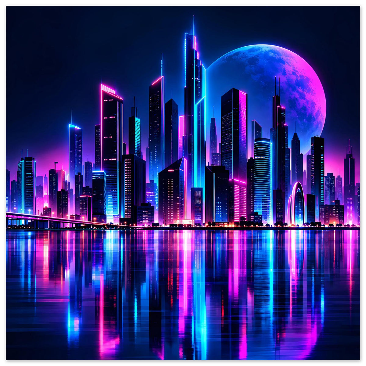 Großes Neon-Stadtposter im Hochformat mit futuristischem Skyline-Motiv, blau-violetter Mond und Reflexion