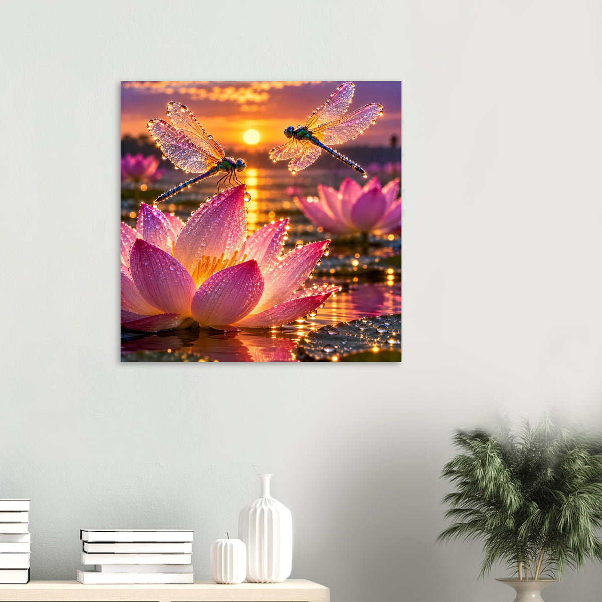 Quadratisches Wandposter mit pinken Lotusblüten und schimmernden Libellen im Sonnenuntergang
