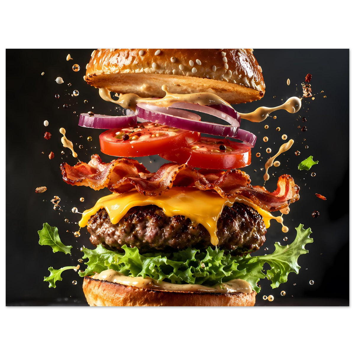 Buntes Poster (Ausschnitt): Nahansicht vom Burger mit Zwiebeln, Käse und Bacon.