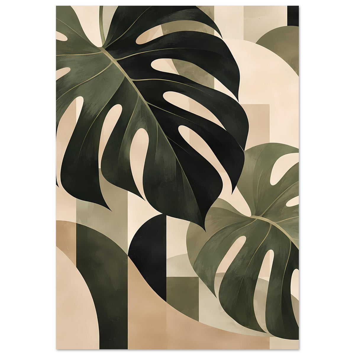Abstraktes Monstera-Blätter-Poster, hochformatig, naher Ausschnitt mit dunkelgrünem Blatt