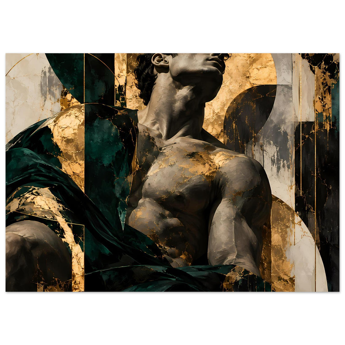 Kunstposter: Barockskulptur mit nach oben blickendem Gesicht, Grau, Dunkelgrün und Gold