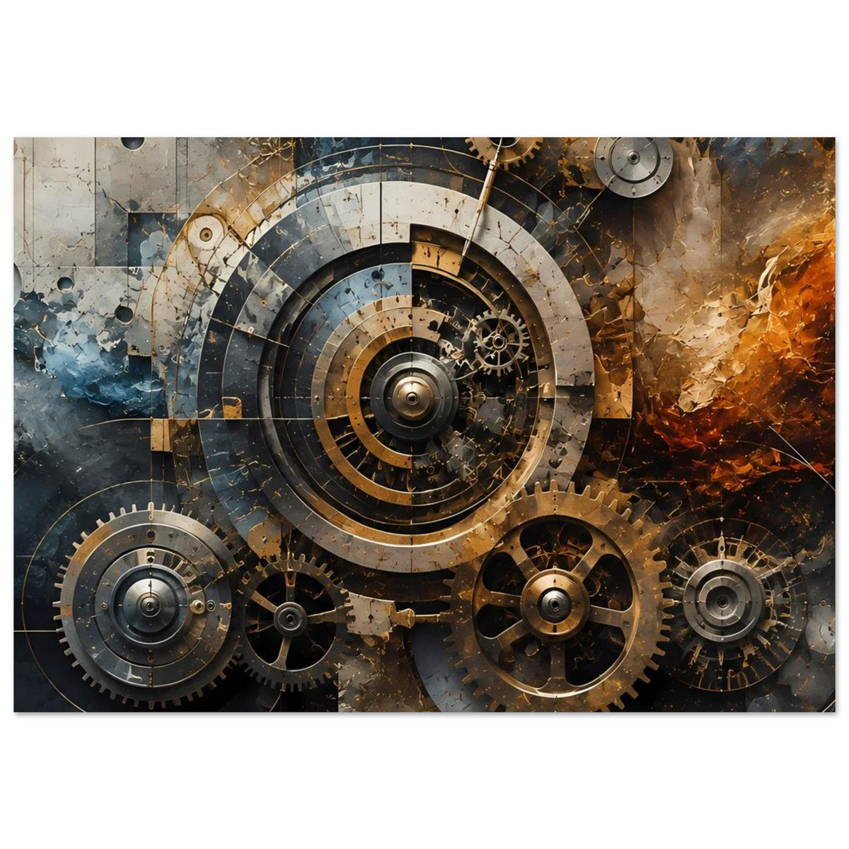 Poster mit Zahnrädern und Kreisskala, Steampunk-Look, warm