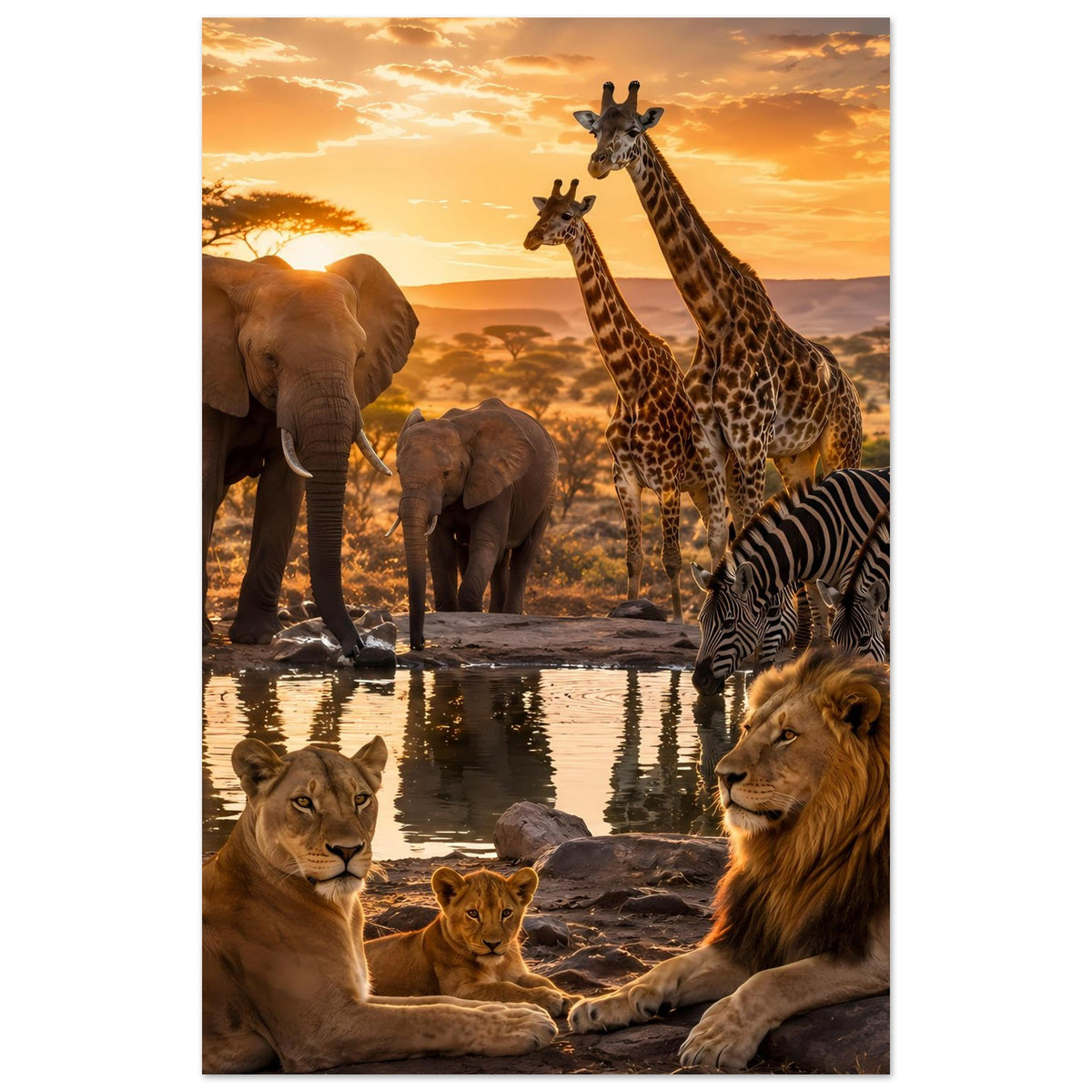 Vertikales Poster mit Löwin, Löwe, Giraffen und Zebras am Wasser