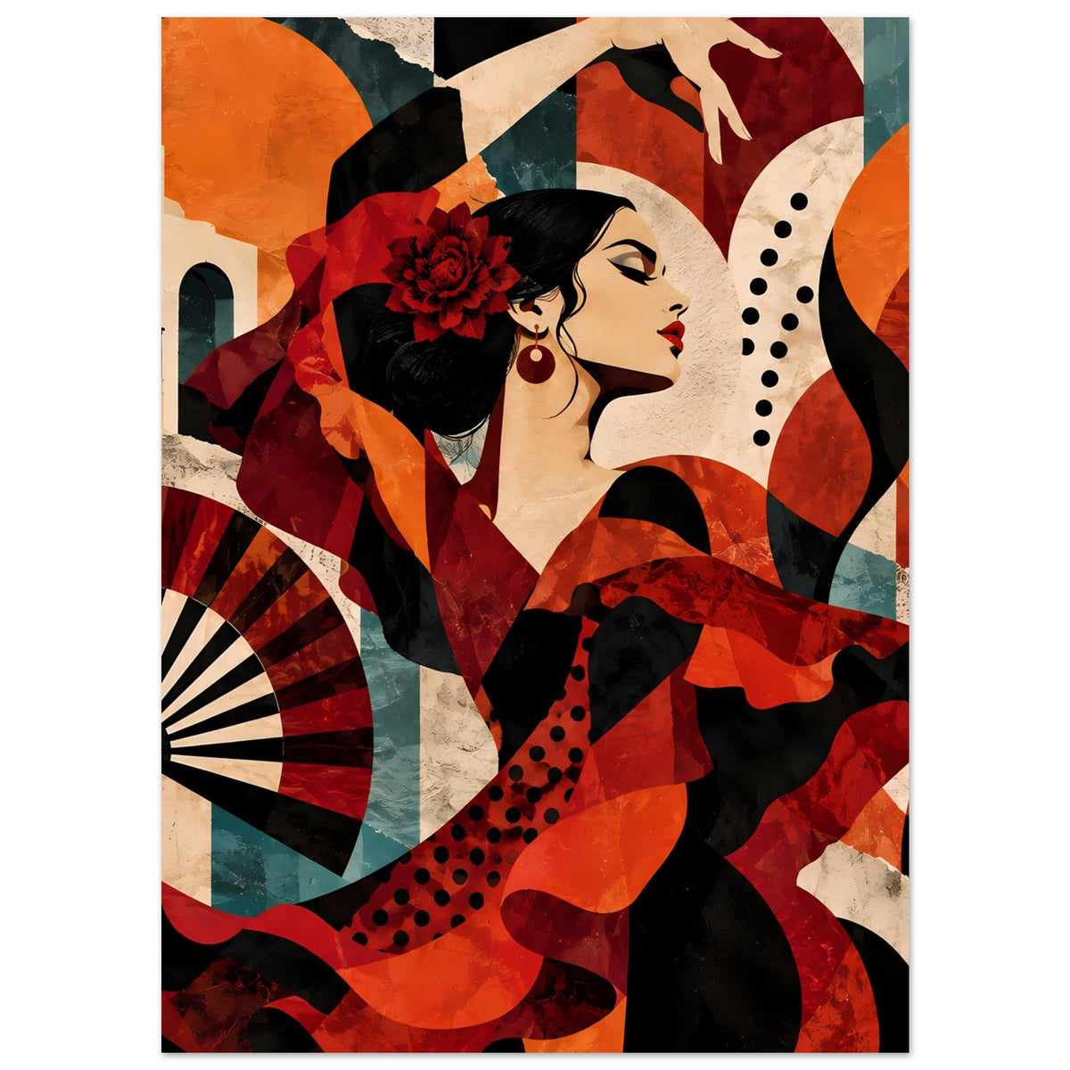 Tanzposter mit Flamencotänzerin, rot-schwarze Kleidungsmuster, orange Fächer und Kreise