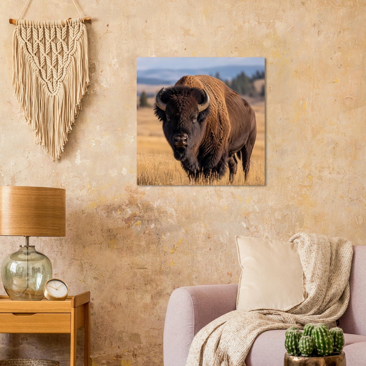 Wildtierposter mit braunem Bison auf goldenem Feld, quadratisch
