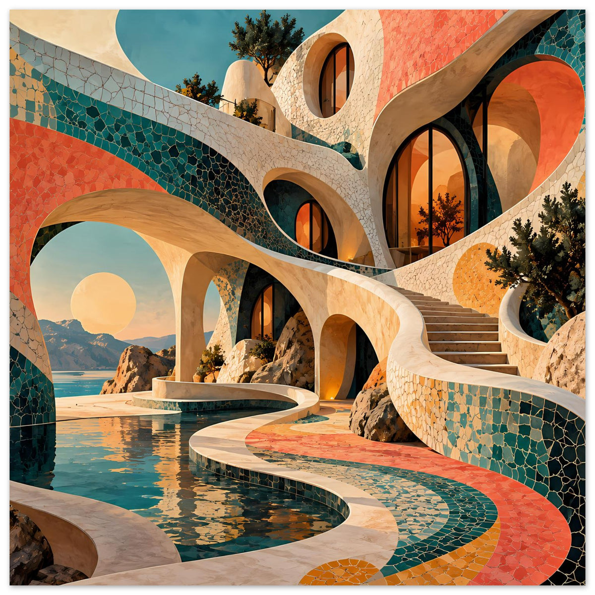 Kunstposter: türkis gemusterte Mosaikarkaden mit korallenfarbenen Akzenten über Pool