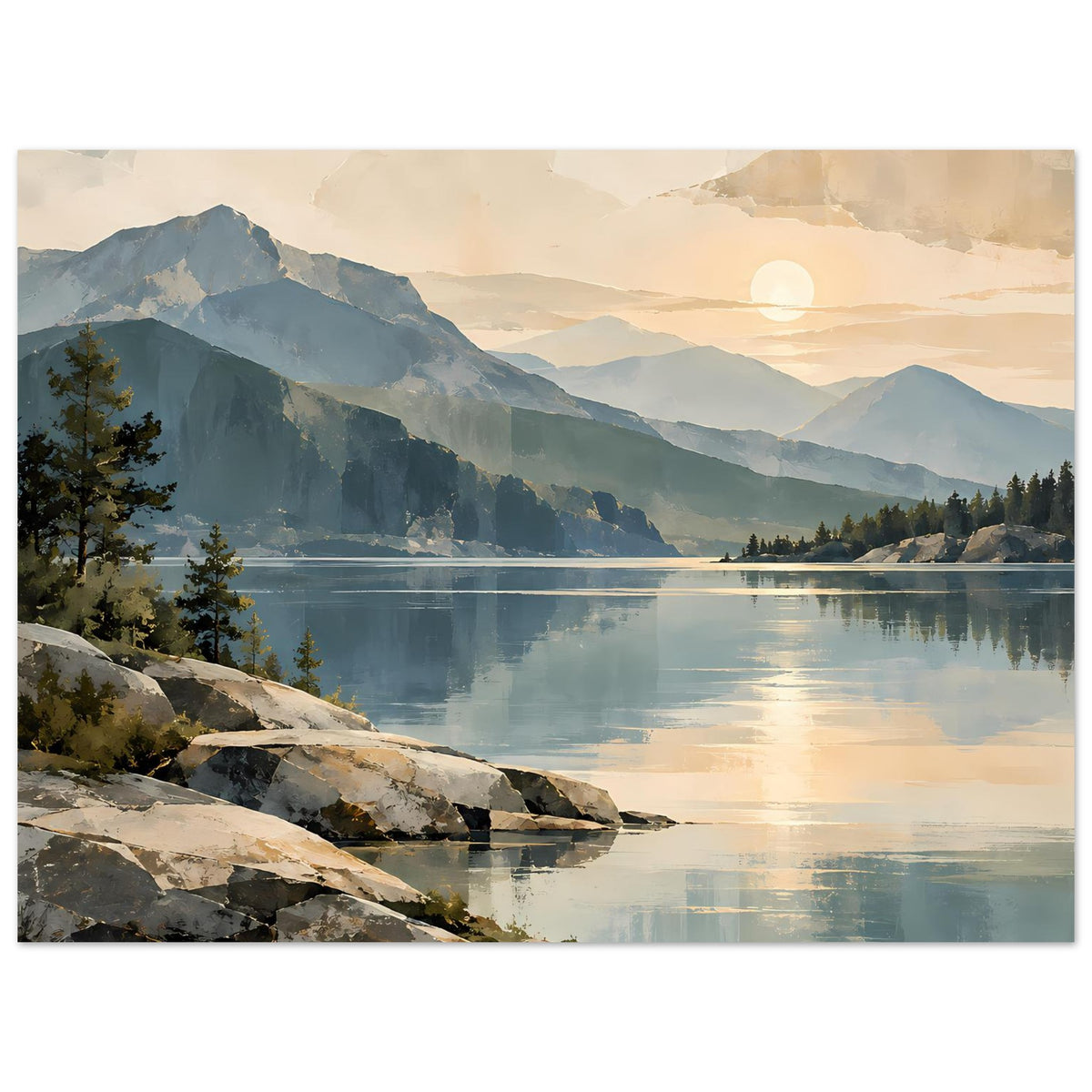Poster Bergsee bei Sonnenaufgang mit Himmel in Pastelltönen, Berge, Uferfelsen und Wald