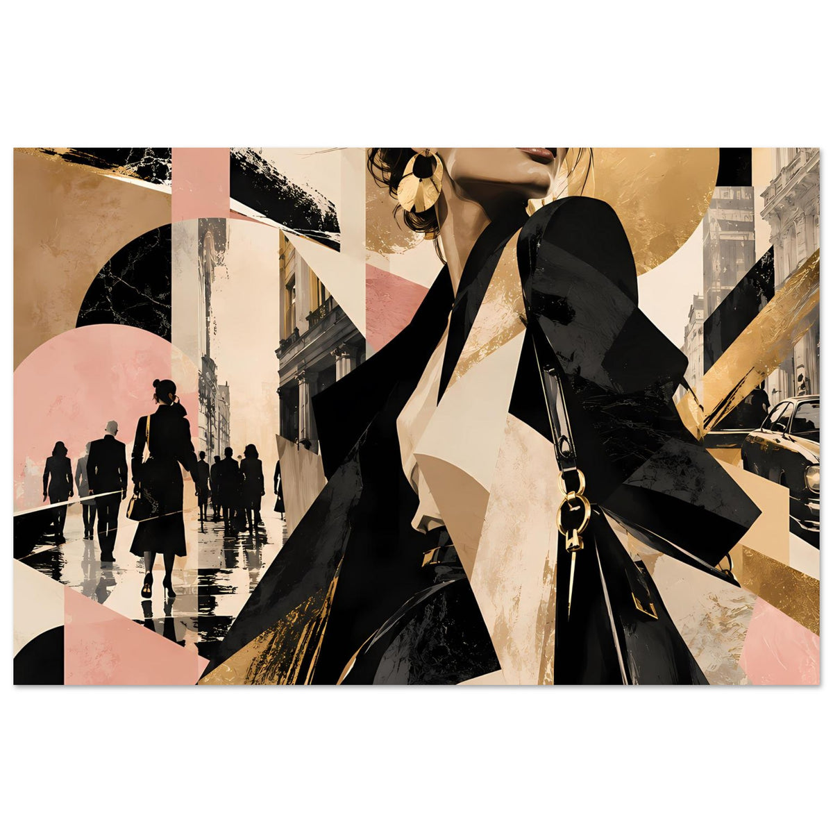 Poster im Querformat: Modefigur in Sonnenbrille, schwarze Handtasche, kontrastreiche Farbflächen
