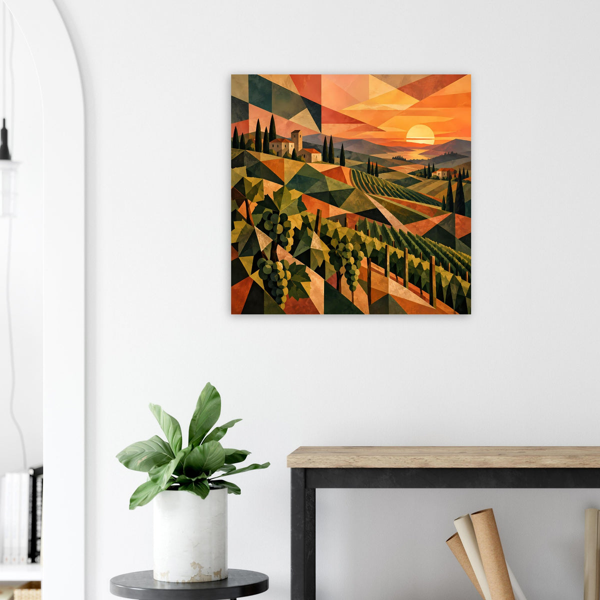 Poster mit Hügeln und Weinbergen, orange Sonne über mediterraner Landschaft
