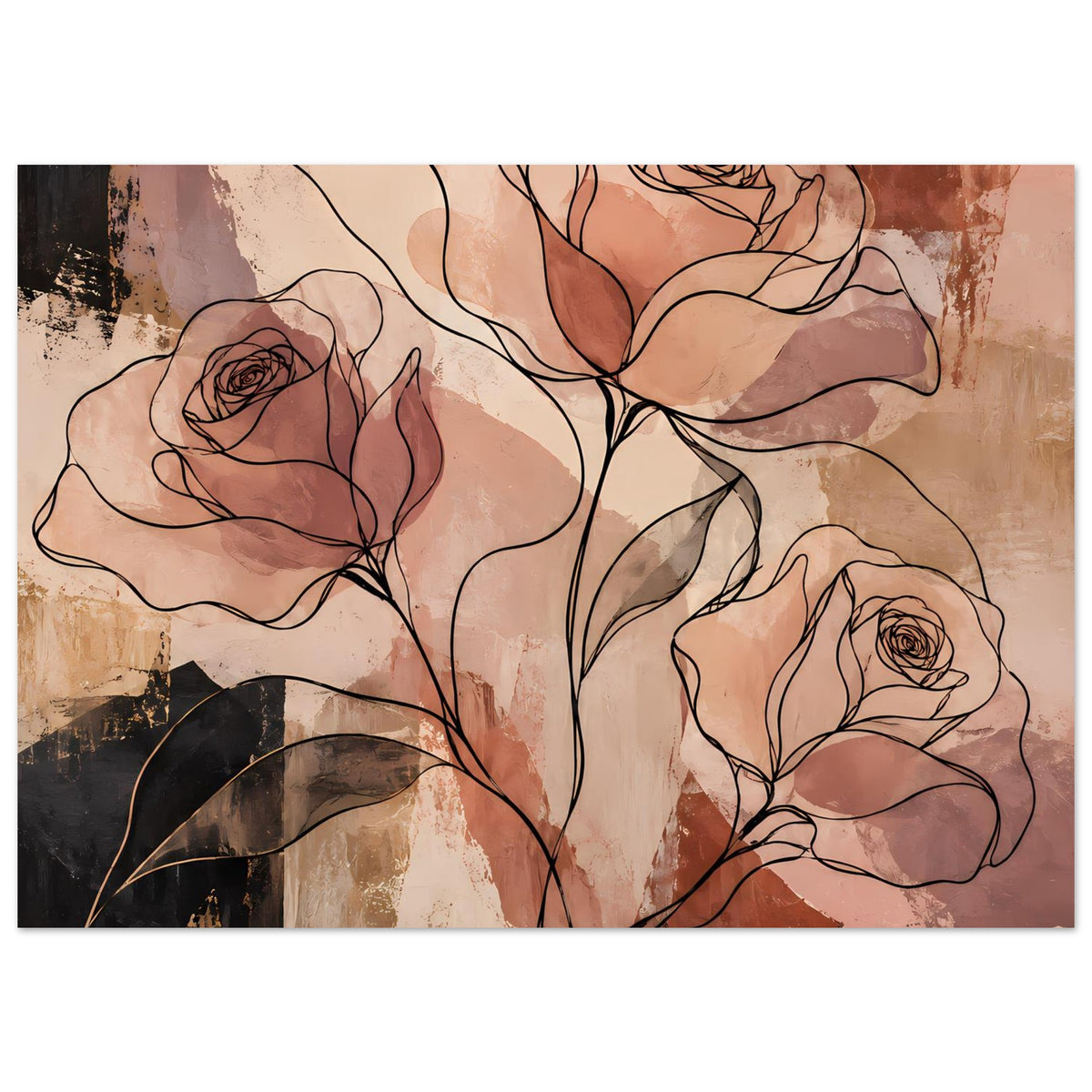 Poster mit abstrakten Rosen in Linienoptik, warme Erdtöne, schwarze Konturen und weiche Farbfelder