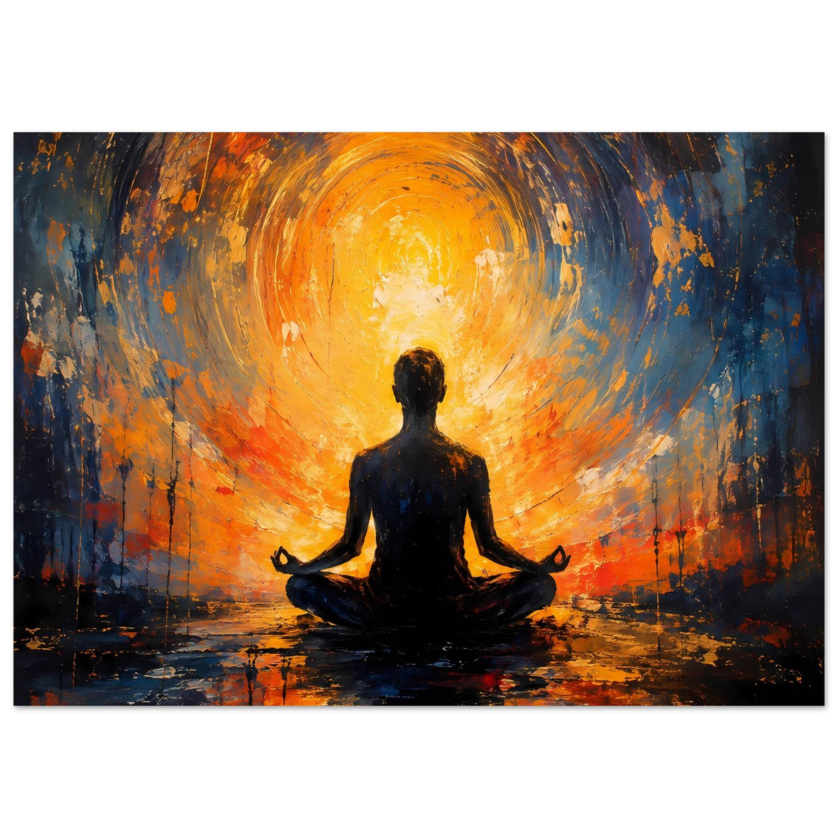 Abstraktes Poster mit meditativer Sitzsilhouette vor orange-blauem Sonnenkreisbogen
